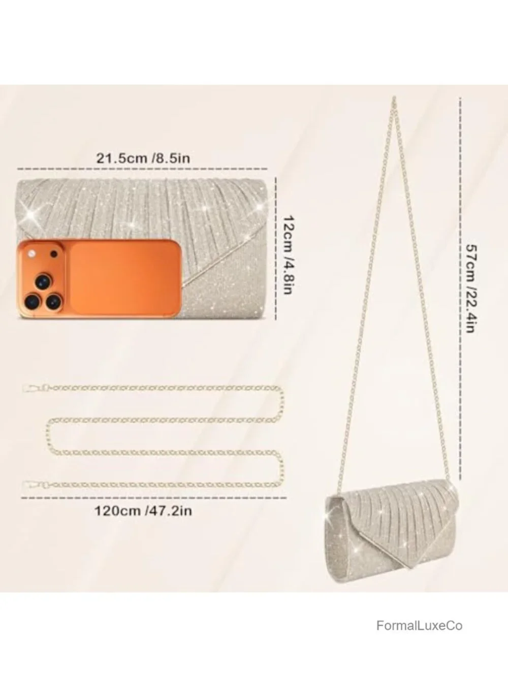 Shiny Glitter Clutch Purse with Detachable Chain, Evening Bag for Weddings Prom